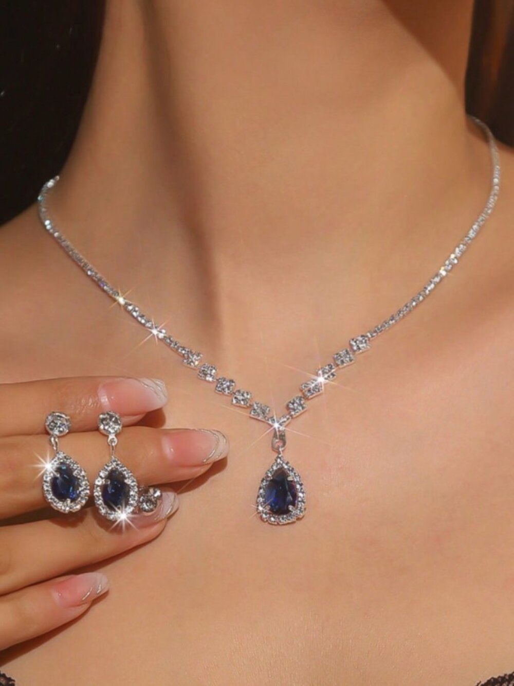 3/$35 NWT Sapphire Blue Teardrop Crystal Necklace & Earrings Bridal Prom Jewelry